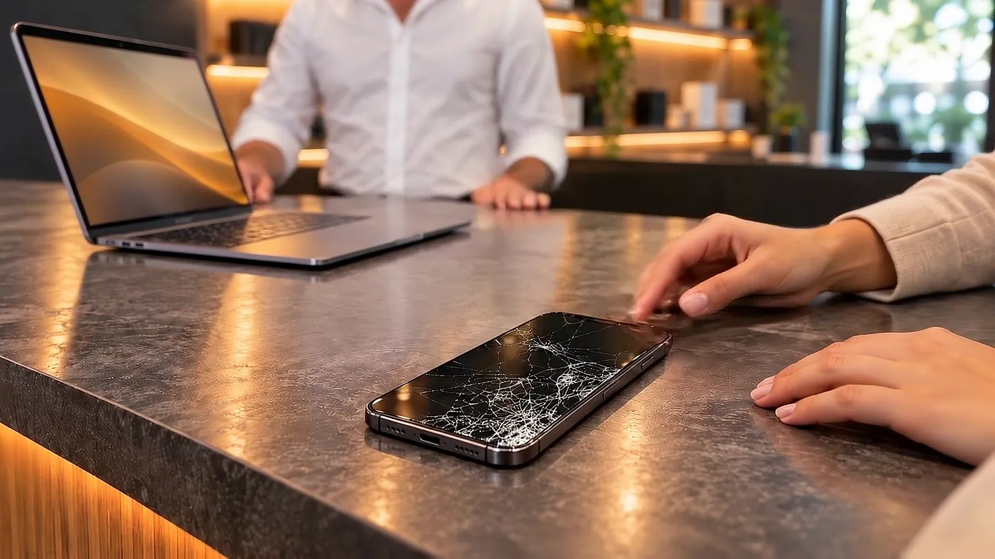 Una cliente appoggia sul banco uno smartphone con il vetro rotto